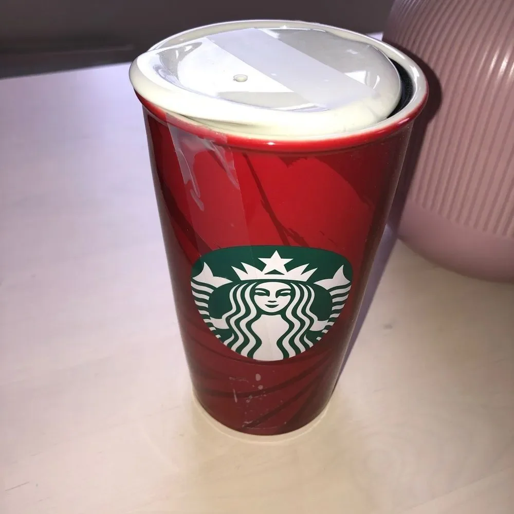 Starbucks Red Ceramic Travel Mug Holiday Coffee Cup with Lid NWOT